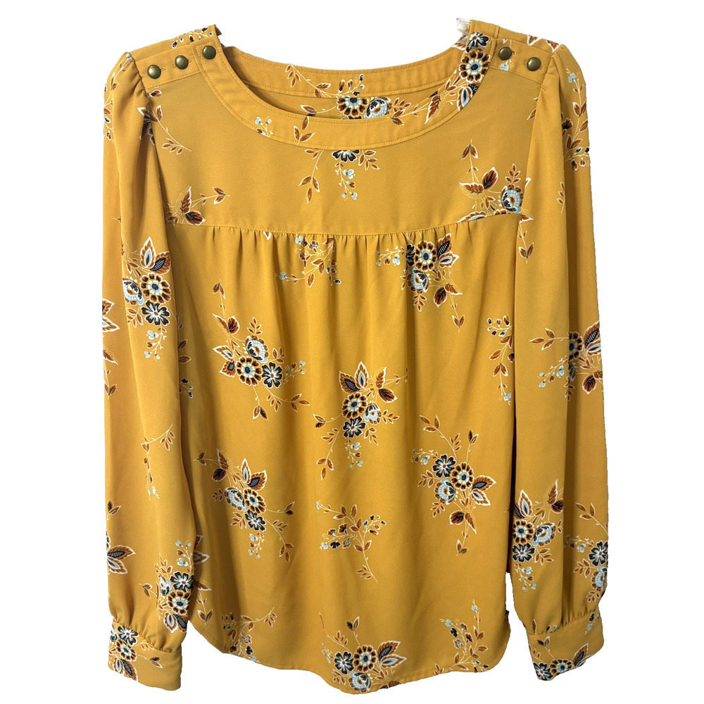 Ann Taylor Loft Women's Mustard Yellow Floral Long Sleeve Blouse Size XS